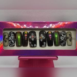 Green, Black, White Iridescent and Rhinestone Press On Nails